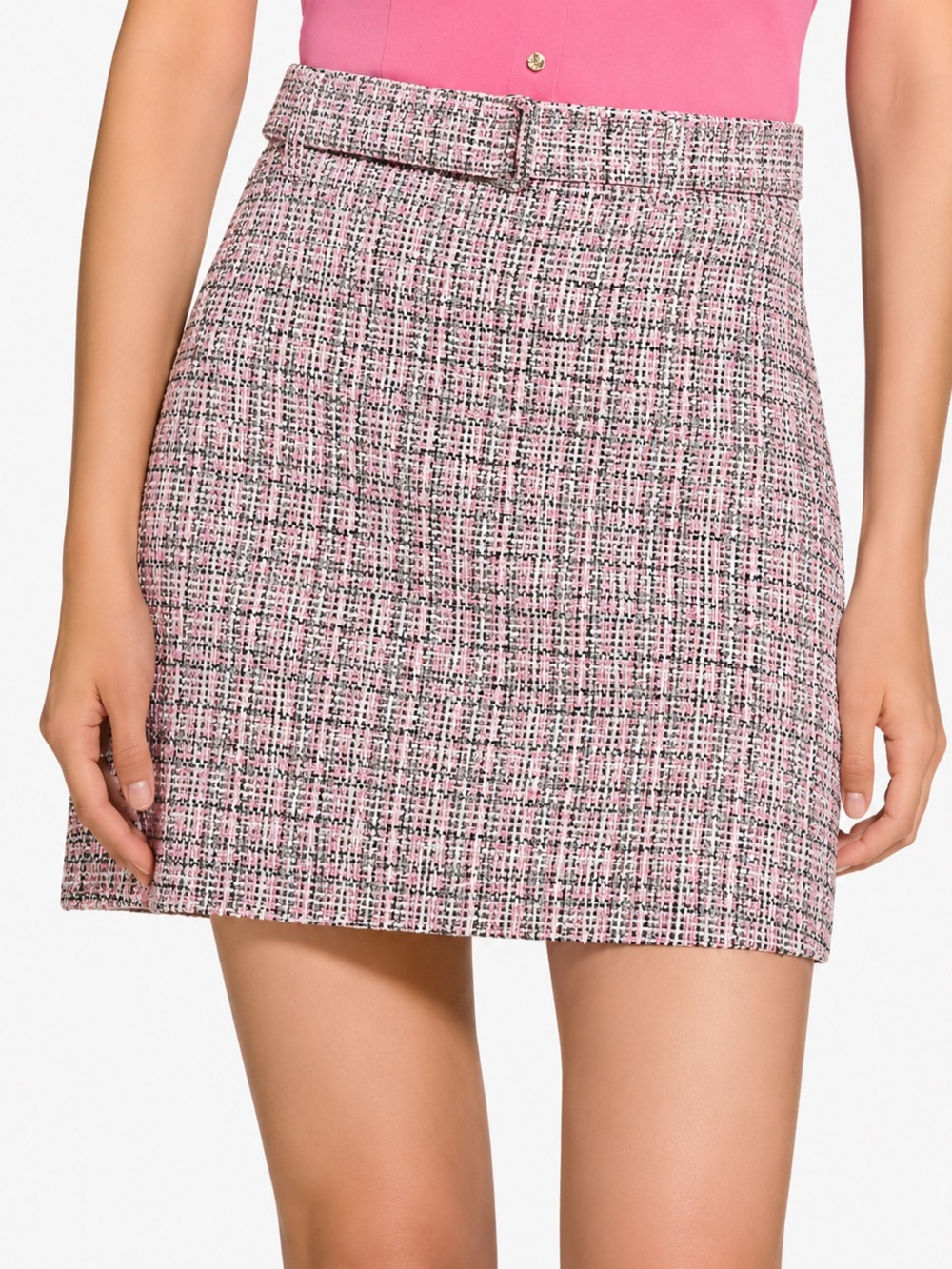 Theory Pink Plaid Tweed Belted A-Line Mini Skirt Size 16 Corpcore NWOT